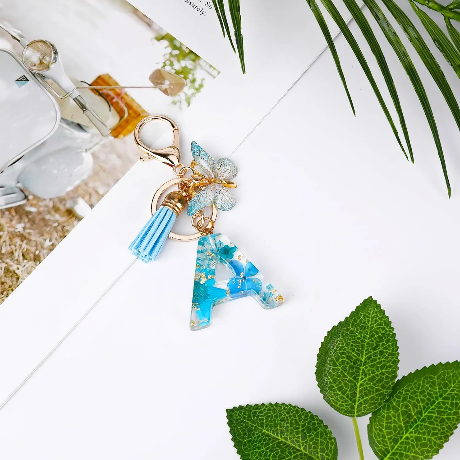Initial Letter Keychain Resin Alphabet Keyrings,Blue Petals Gold Foil Key Ring Charm,Cute Car Key Chain