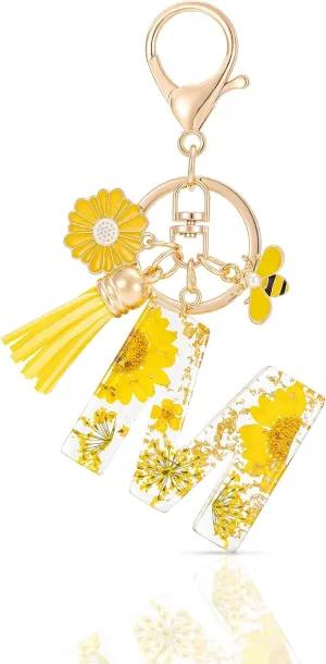 Initial Letter Keychain Resin Alphabet Keyrings,Yellow Petals Gold Foil Key Ring Key Chain Charm
