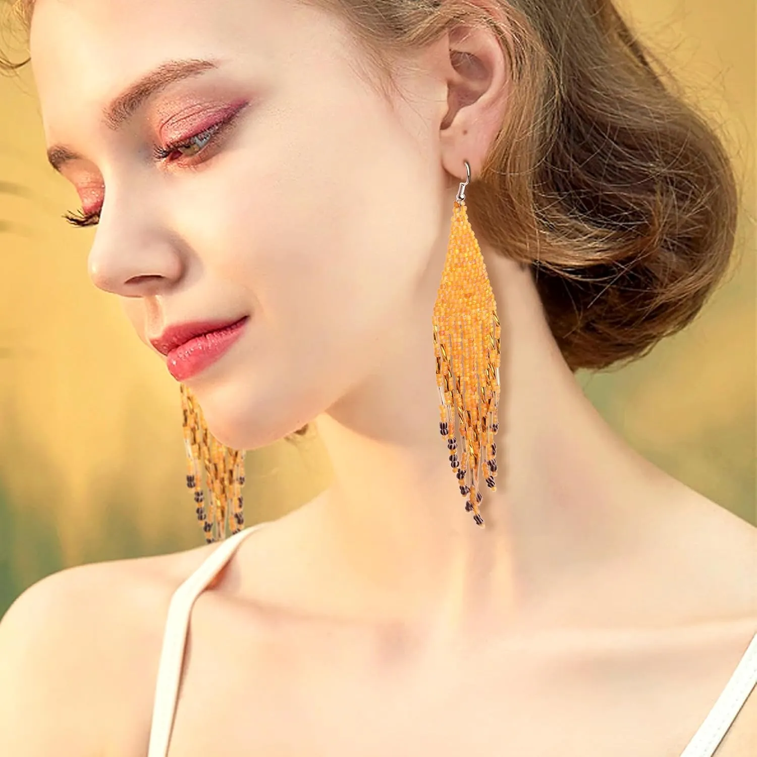 JeanBeau Seed Beads Tassel Earrings for Women Teen,Long Boho Handmade Colorful Beaded Dangle Drop Fringe Dangling Bohemian Accessories Summer Prom Party Jewelry Gift