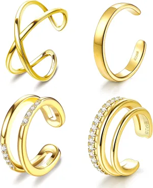 JeryWe 4 Pcs 925 Sterling Silver Ear Cuff for Women Non Piercing Adjustable Ear Cuff Earrings Clip On Cartilage Helix Wrap Ear Jewelry Set