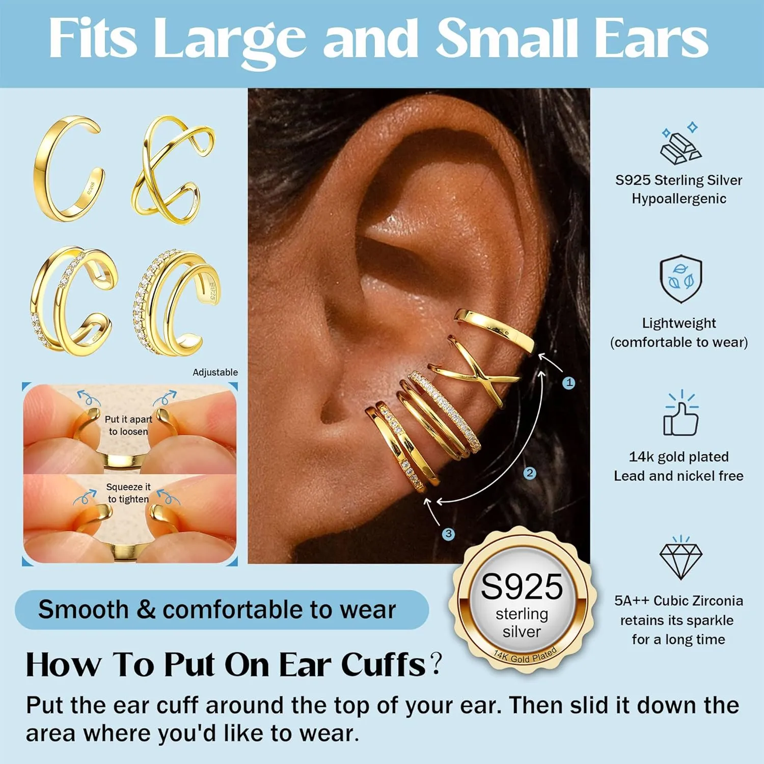 JeryWe 4 Pcs 925 Sterling Silver Ear Cuff for Women Non Piercing Adjustable Ear Cuff Earrings Clip On Cartilage Helix Wrap Ear Jewelry Set