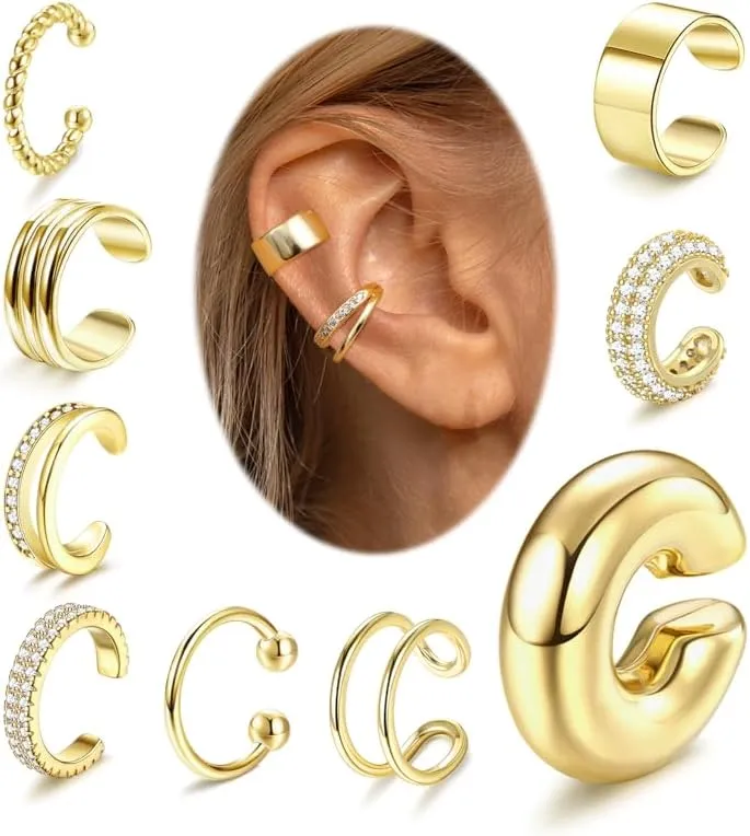 JeryWe Chunky Ear Cuffs  14k Gold Plated Ear Cuff Earrings for Women Non Piercing Jewelry Huggie Hoop Cartilage Ear Cuff Clip on Earrings No Pierced Jewelry 9Pcs