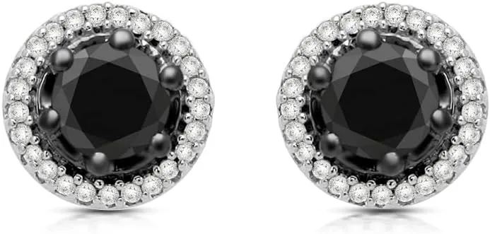 Jewelili Sterling Silver 1 Cttw Treated Black and Natural White Round Diamonds Halo Stud Earrings