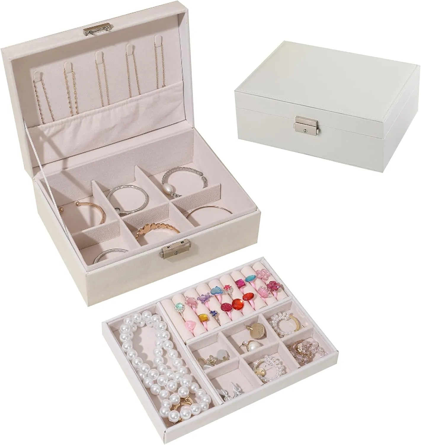 Jewelry Boxes for Women Girls, Jewelry Organizer Box, 2 Layers Jewelry Storage Organizer for Earring, Ring, Necklace, Bracelets. (white)