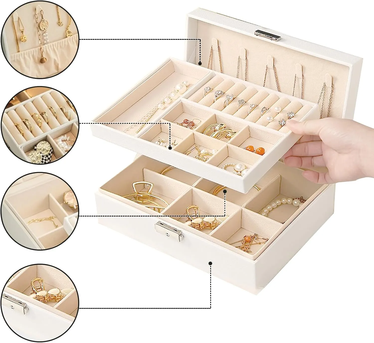 Jewelry Boxes for Women Girls, Jewelry Organizer Box, 2 Layers Jewelry Storage Organizer for Earring, Ring, Necklace, Bracelets. (white)