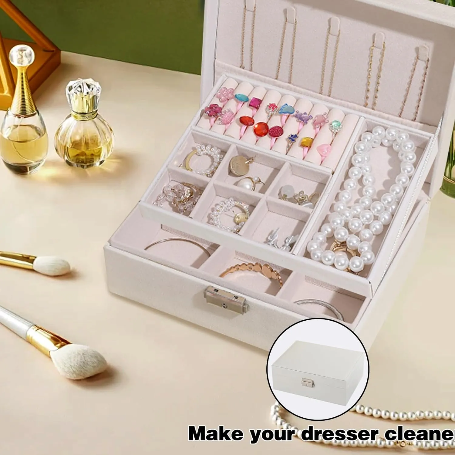 Jewelry Boxes for Women Girls, Jewelry Organizer Box, 2 Layers Jewelry Storage Organizer for Earring, Ring, Necklace, Bracelets. (white)