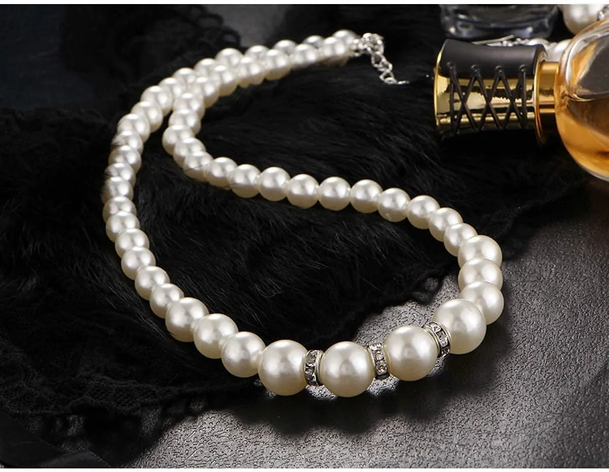 JNF Pearl Necklace for Women Crystal Rhinestone Pearl Choker Necklace and Earrings Set for Bridal Party Wedding Jewelry