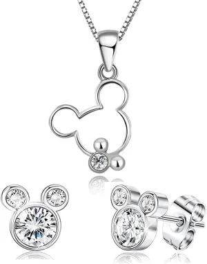 kaguyo jewellery sets for women, Sterling Silver clear Zirconia Cute Mouse pendant necklace and Mouse stud earrings sets for women girls Cute Design Birthday Gift