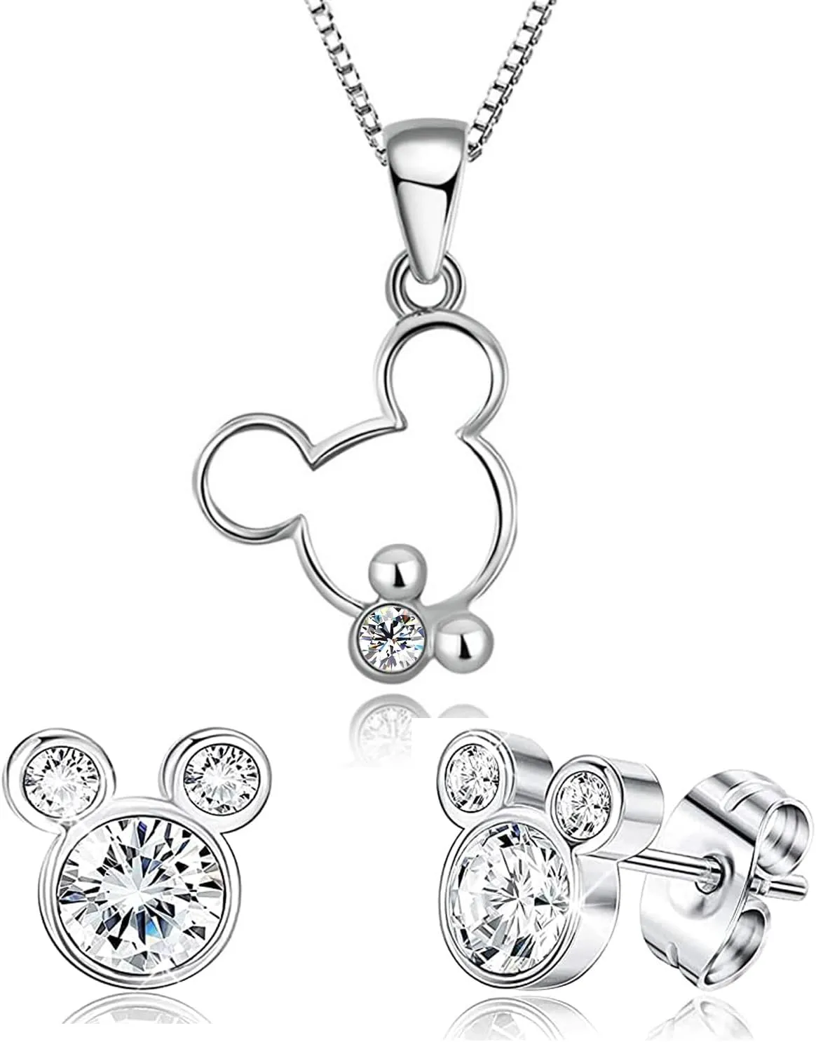 kaguyo jewellery sets for women, Sterling Silver clear Zirconia Cute Mouse pendant necklace and Mouse stud earrings sets for women girls Cute Design Birthday Gift