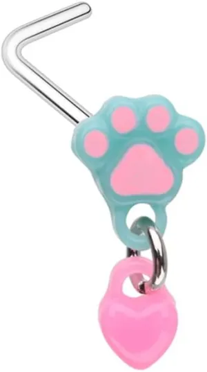 Kawaii Animal Lover Dog Cat Paw Heart Dangle L-Shaped Nose Ring