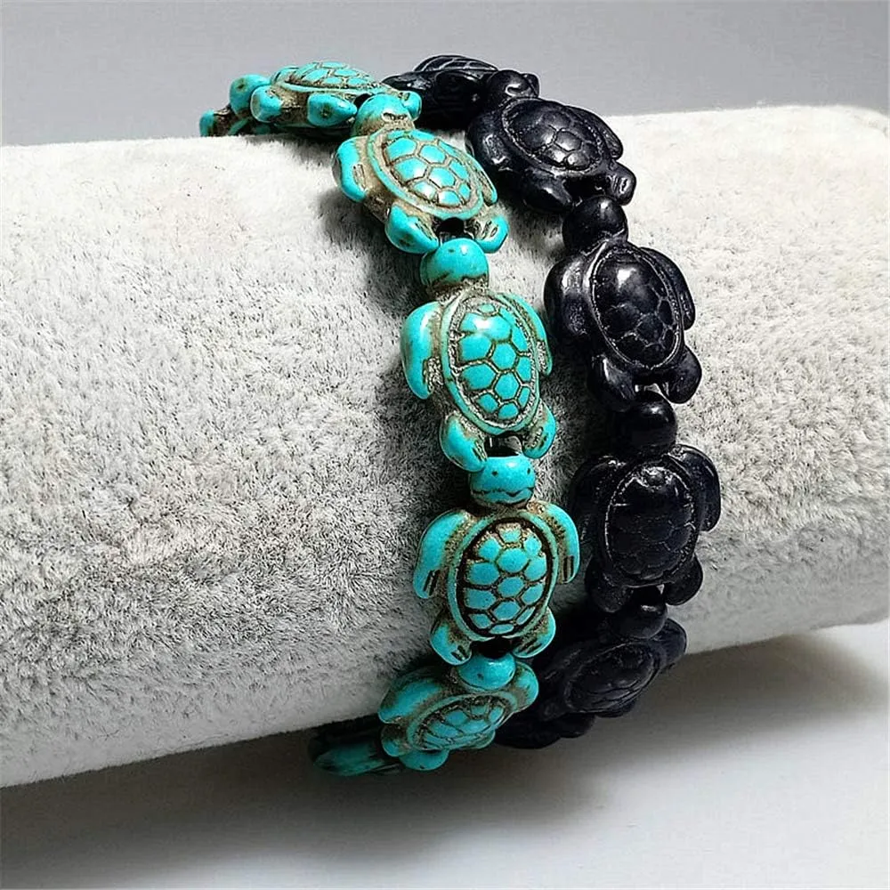 kelistom Turtle Beads Chain Bracelet for Women Men Handmade Natural Stone Elastic Stretch Bracelet Friendship Couple Bracelets
