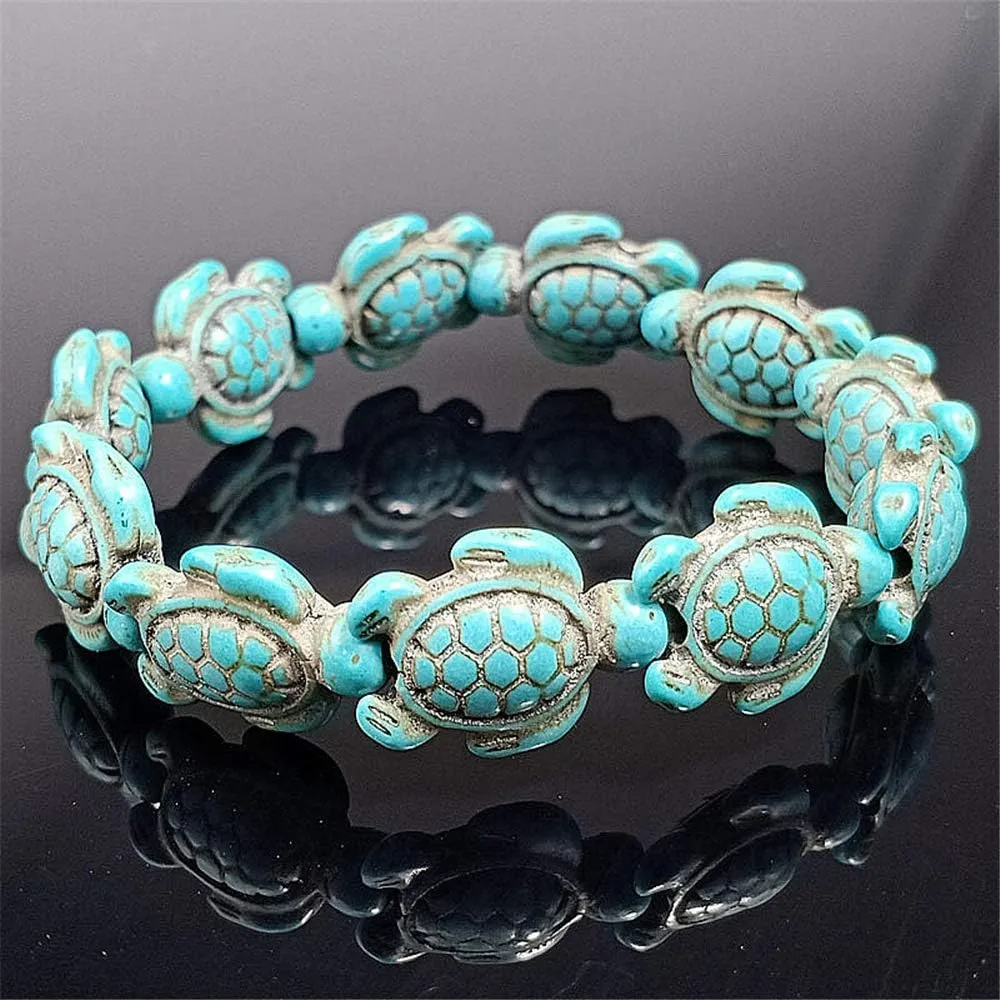 kelistom Turtle Beads Chain Bracelet for Women Men Handmade Natural Stone Elastic Stretch Bracelet Friendship Couple Bracelets