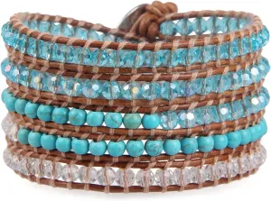 KELITCH Blue Turquoise Crystal Beads Bracelet for Women Handmade 5 Leather Wrap Bracelet for Fashion Cuff Bracelets