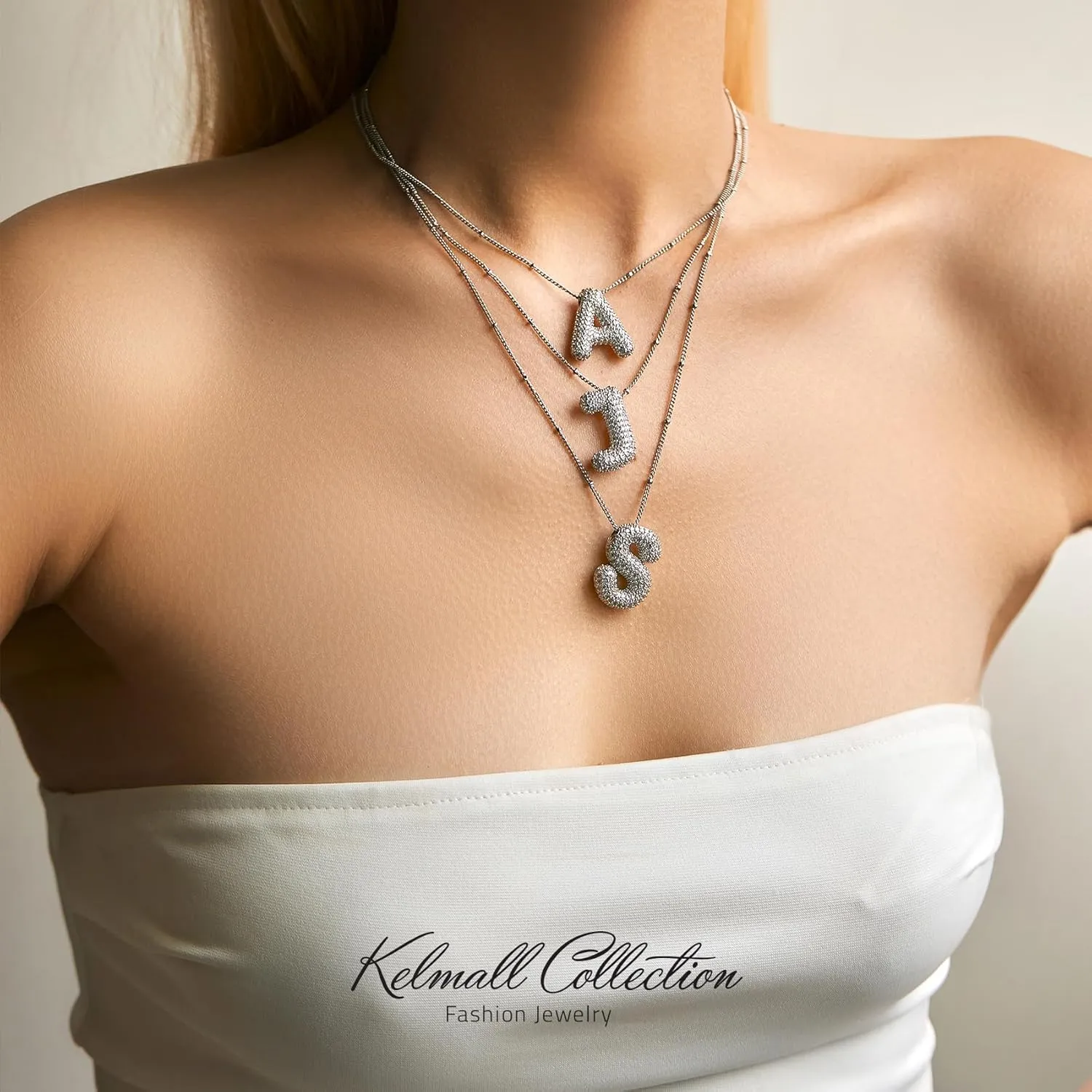 KELMALL Cubic Zirconia Bubble Initial Letter Necklace for Women - Elegant Gold Plated A-Z Alphabet Name Pendant Necklace with Rhinestone - Personalized Gift