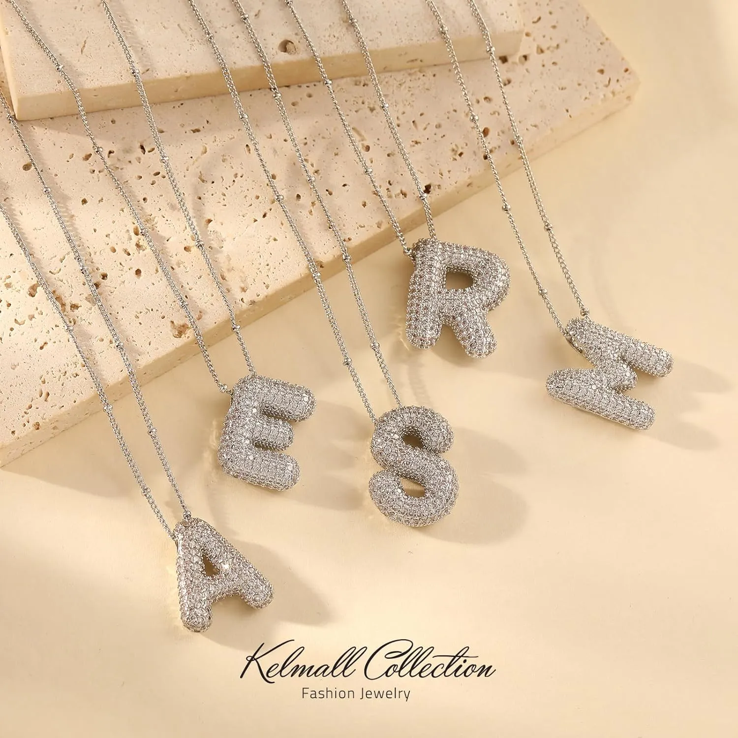 KELMALL Cubic Zirconia Bubble Initial Letter Necklace for Women - Elegant Gold Plated A-Z Alphabet Name Pendant Necklace with Rhinestone - Personalized Gift
