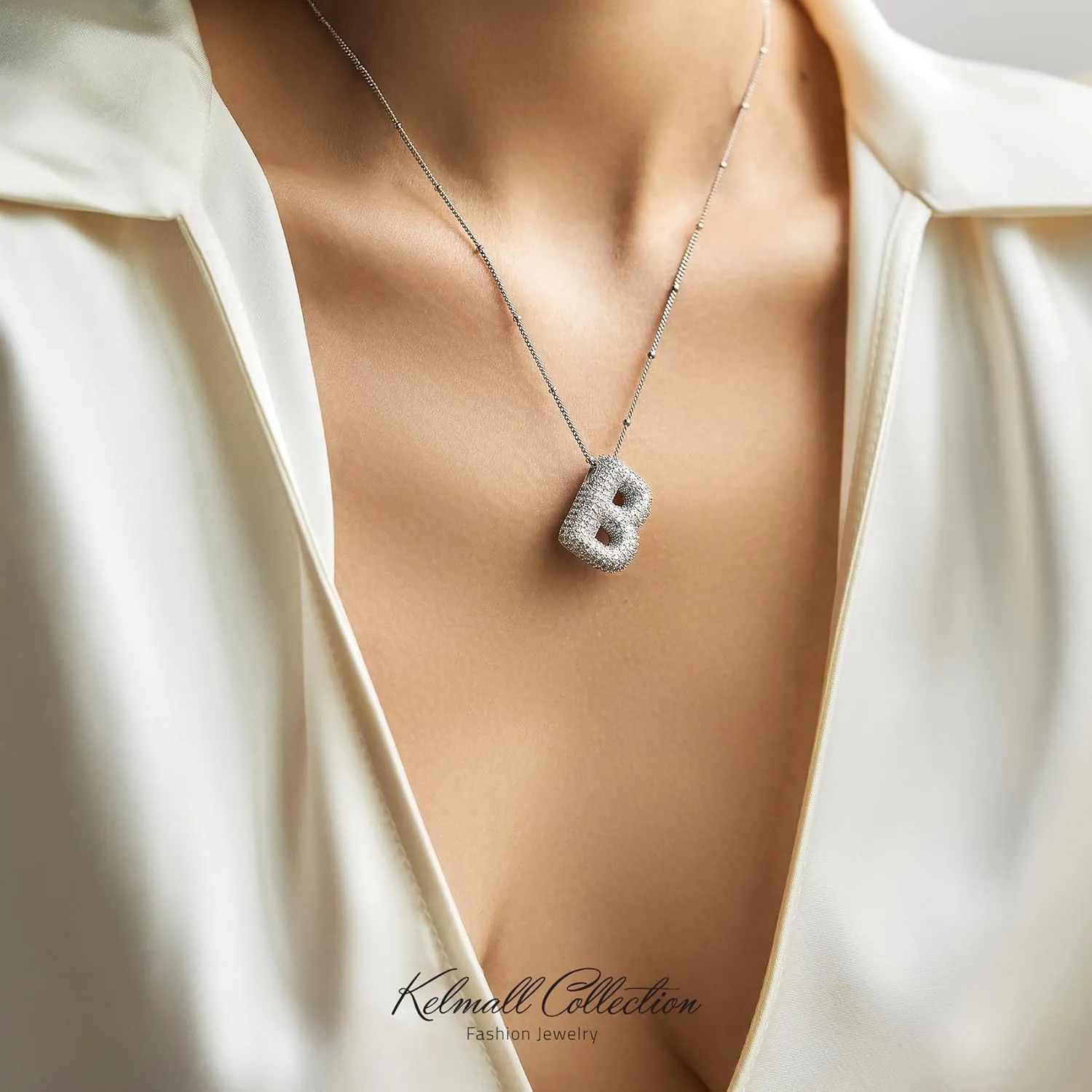 KELMALL Cubic Zirconia Bubble Initial Letter Necklace for Women - Elegant Gold Plated A-Z Alphabet Name Pendant Necklace with Rhinestone - Personalized Gift