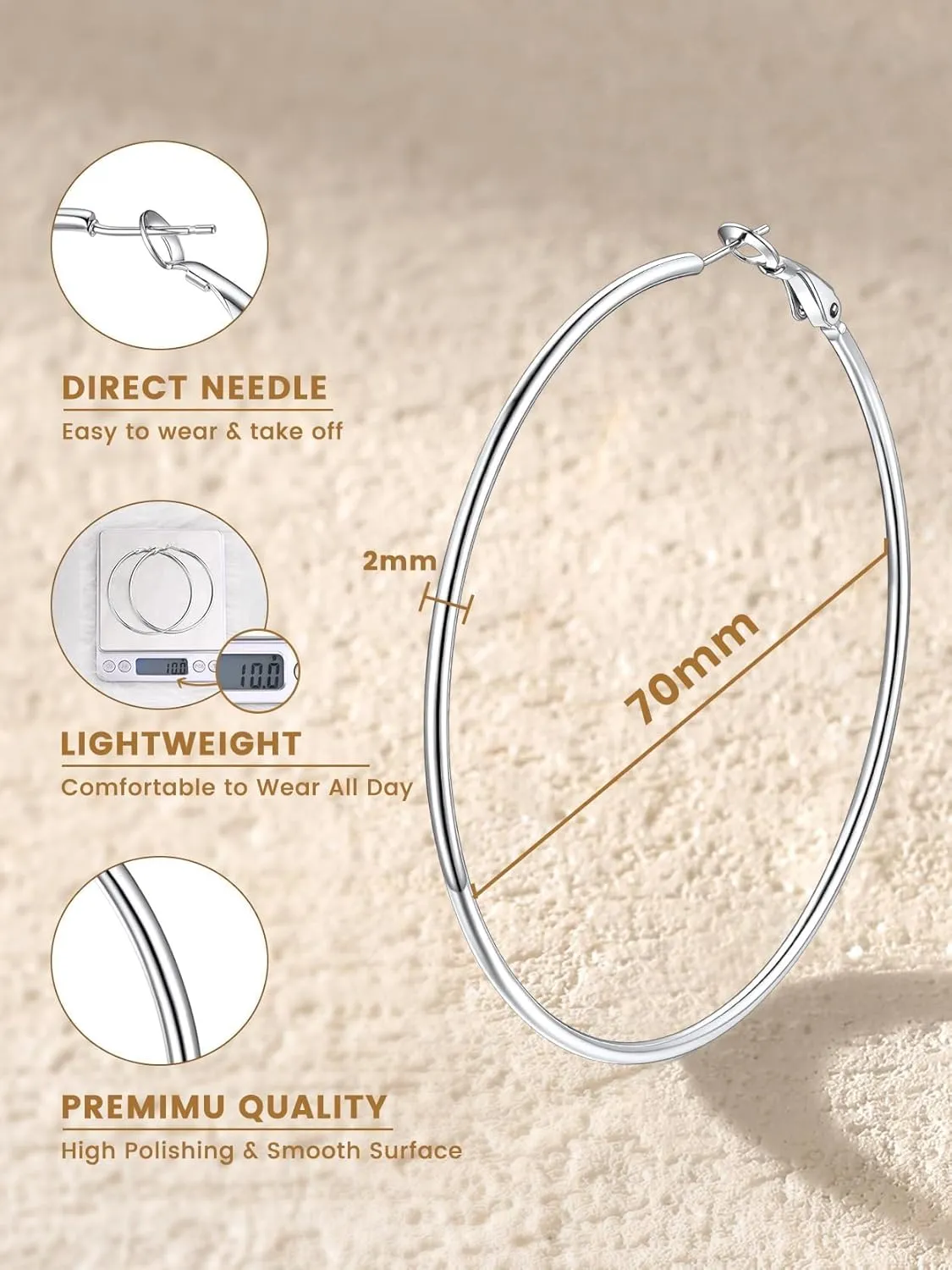 KeyStyle Gold Hoop Earrings for Women, Stainless Steel Hoops Earring Lightweight Loops, 2 mm Thick Hypoallergenic Circle Endless Thin Hoop (30 mm,50 mm,70 mm,100 mm)