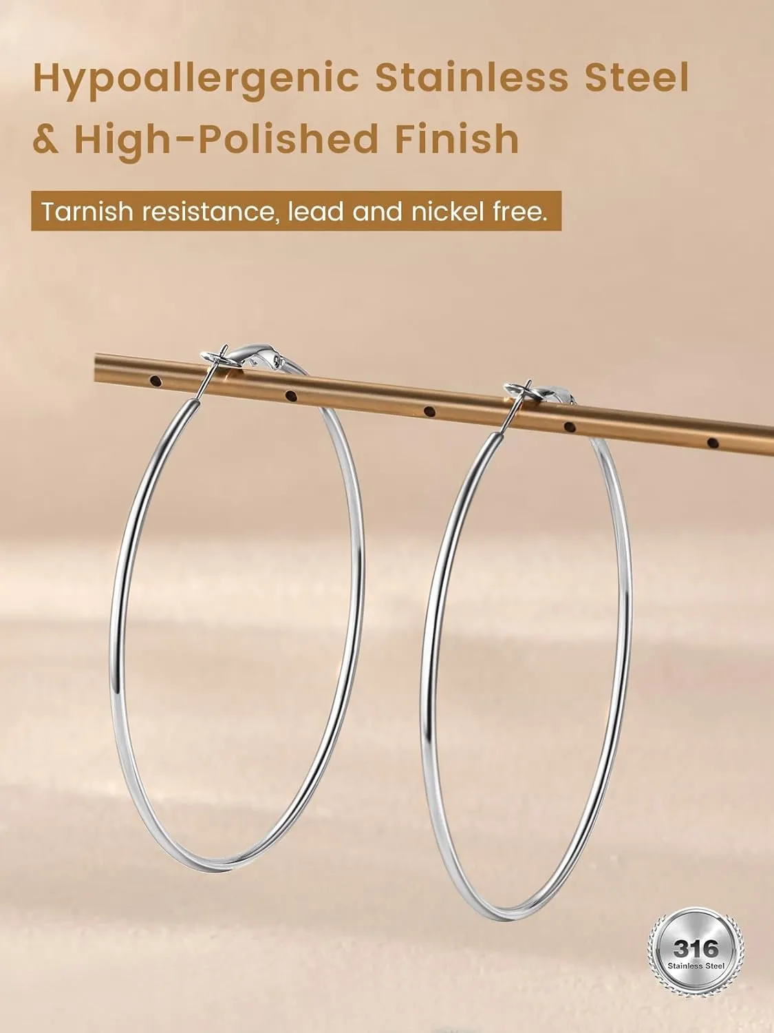 KeyStyle Gold Hoop Earrings for Women, Stainless Steel Hoops Earring Lightweight Loops, 2 mm Thick Hypoallergenic Circle Endless Thin Hoop (30 mm,50 mm,70 mm,100 mm)