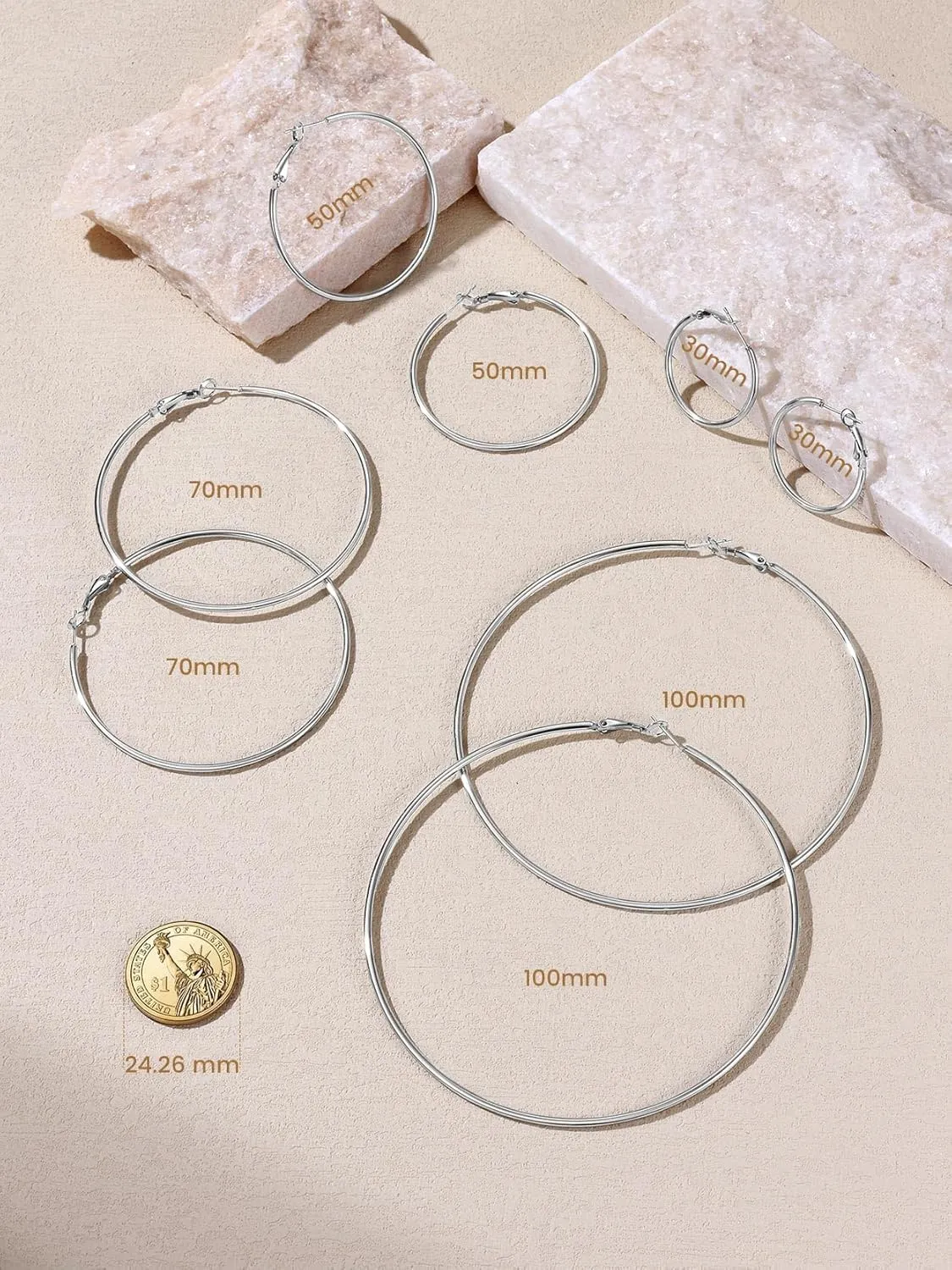 KeyStyle Gold Hoop Earrings for Women, Stainless Steel Hoops Earring Lightweight Loops, 2 mm Thick Hypoallergenic Circle Endless Thin Hoop (30 mm,50 mm,70 mm,100 mm)