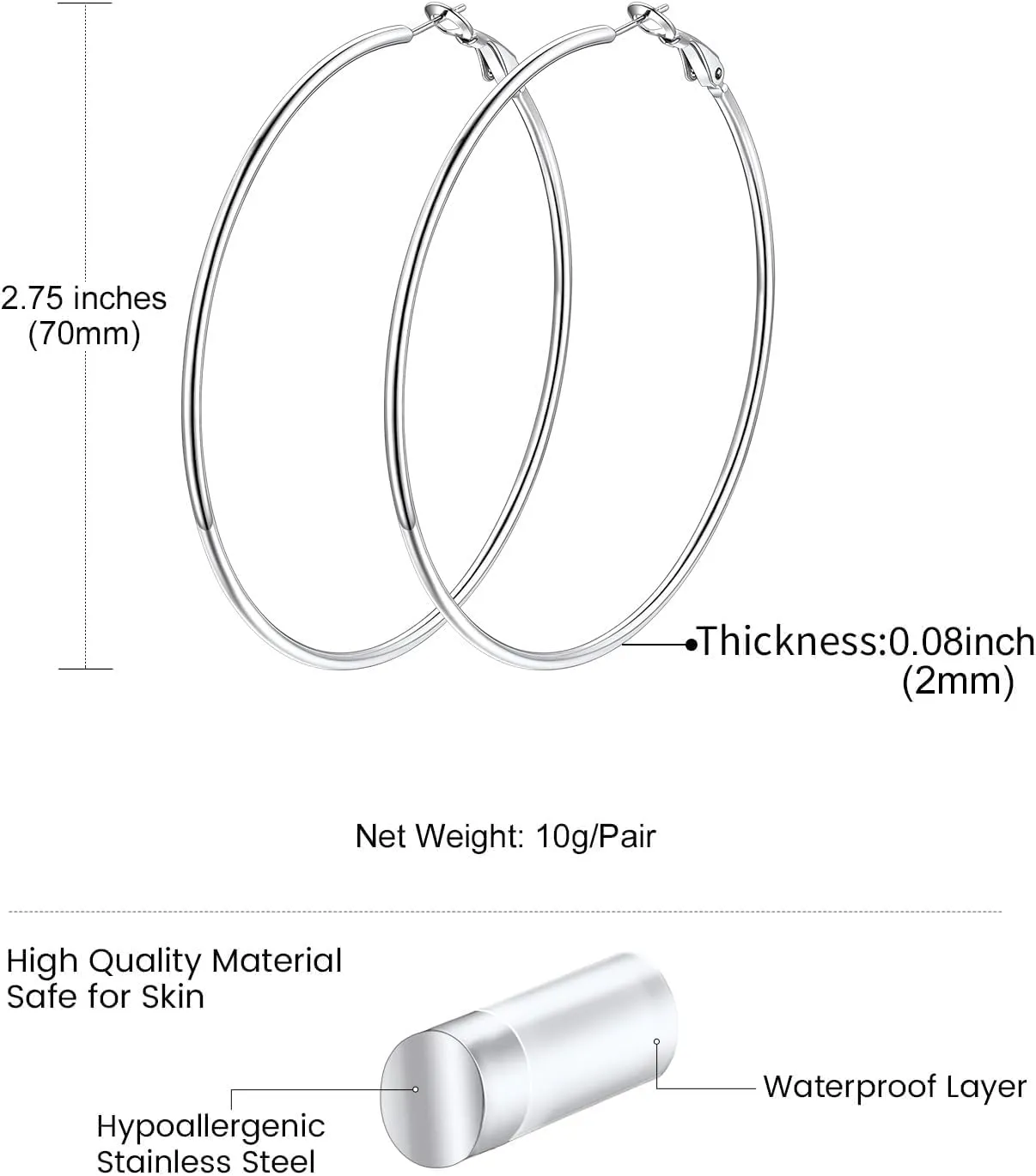 KeyStyle Gold Hoop Earrings for Women, Stainless Steel Hoops Earring Lightweight Loops, 2 mm Thick Hypoallergenic Circle Endless Thin Hoop (30 mm,50 mm,70 mm,100 mm)