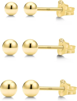 KEZEF 3 Pair Set Earrings for Women Girls | Sterling Silver, 14k Gold Plated & Rose Gold Plated Ball Earrings 925 Hypoallergenic Round Stud Earrings| Set of 2mm, 3mm & 4mm