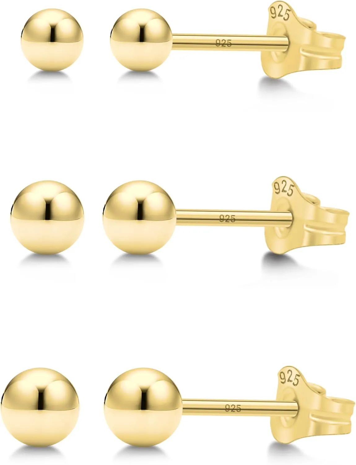 KEZEF 3 Pair Set Earrings for Women Girls | Sterling Silver, 14k Gold Plated & Rose Gold Plated Ball Earrings 925 Hypoallergenic Round Stud Earrings| Set of 2mm, 3mm & 4mm