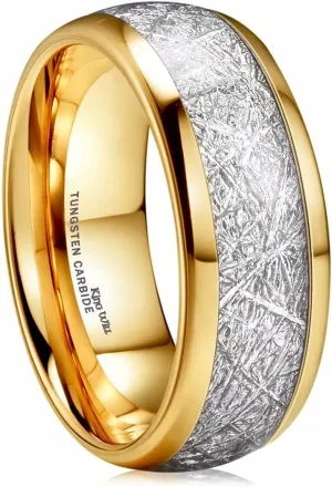 King Will 6mm/7mm/8mm Mens Tungsten Carbide Ring Imitated Meteorite Carbon Fiber Nature Wood Inlay Rings Silver/Gold Domed Engagement Band for Men Polished Comfort Fit Size 5-15