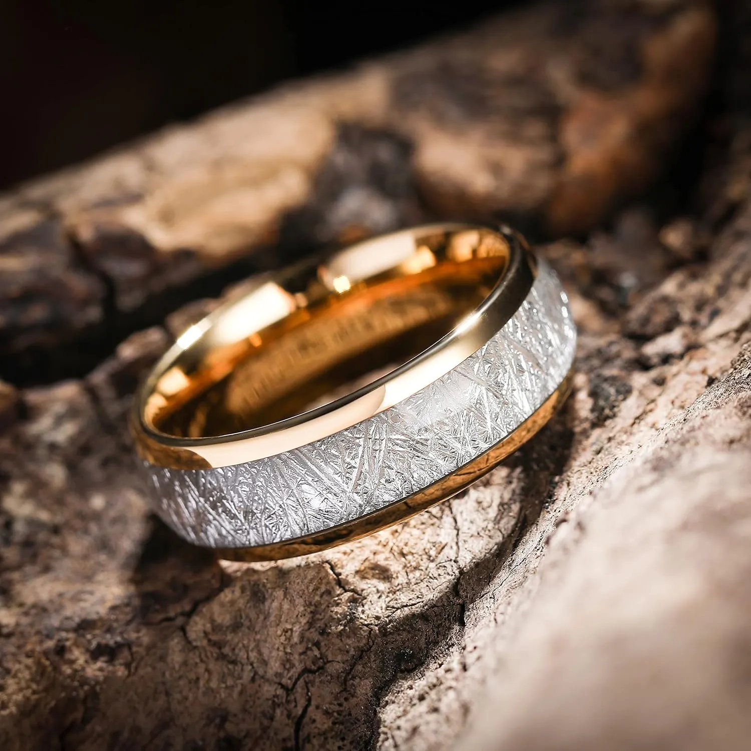 King Will 6mm/7mm/8mm Mens Tungsten Carbide Ring Imitated Meteorite Carbon Fiber Nature Wood Inlay Rings Silver/Gold Domed Engagement Band for Men Polished Comfort Fit Size 5-15