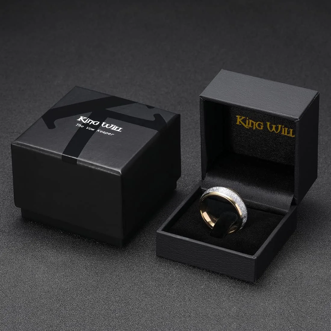 King Will 6mm/7mm/8mm Mens Tungsten Carbide Ring Imitated Meteorite Carbon Fiber Nature Wood Inlay Rings Silver/Gold Domed Engagement Band for Men Polished Comfort Fit Size 5-15