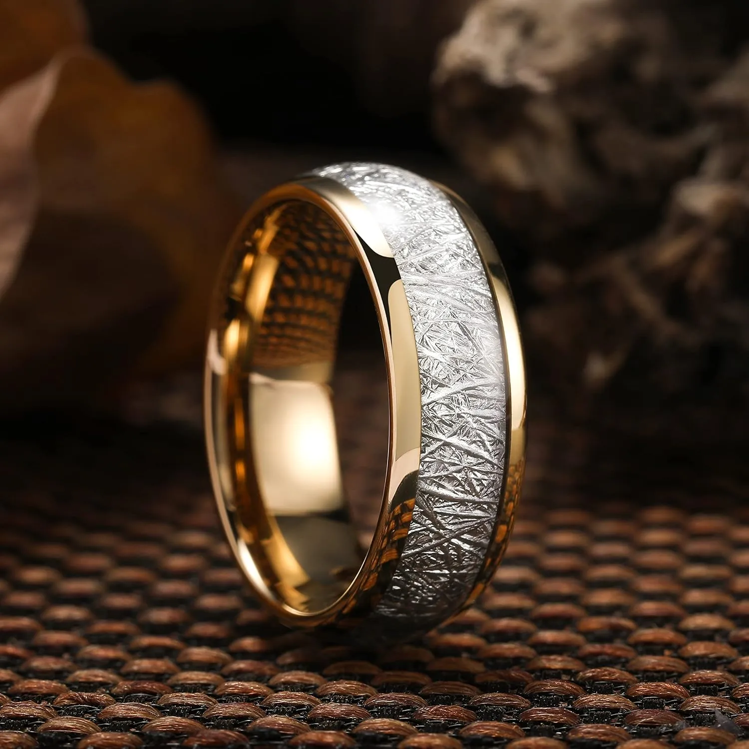 King Will 6mm/7mm/8mm Mens Tungsten Carbide Ring Imitated Meteorite Carbon Fiber Nature Wood Inlay Rings Silver/Gold Domed Engagement Band for Men Polished Comfort Fit Size 5-15