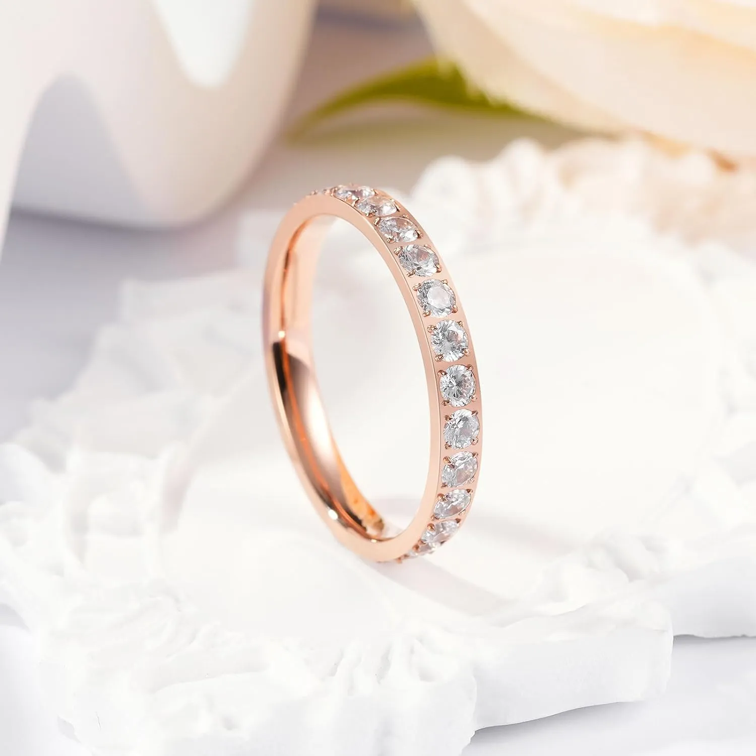 King Will CZ Simulate Diamond Stackable Rings for Women, Full Eternity Wedding Band, 3mm Titanium Silver/Gold/Rose Gold Plated Pink Cubic Zirconia Anniversary ring, Hypoallergenic & Comfort Fit
