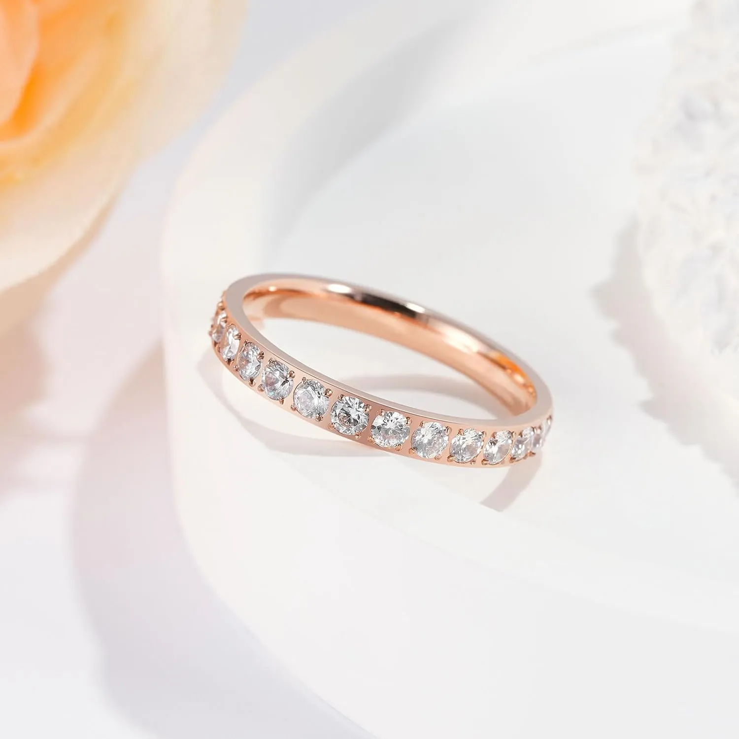 King Will CZ Simulate Diamond Stackable Rings for Women, Full Eternity Wedding Band, 3mm Titanium Silver/Gold/Rose Gold Plated Pink Cubic Zirconia Anniversary ring, Hypoallergenic & Comfort Fit