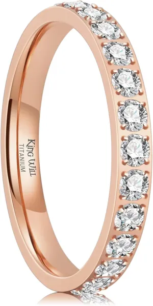 King Will CZ Simulate Diamond Stackable Rings for Women, Full Eternity Wedding Band, 3mm Titanium Silver/Gold/Rose Gold Plated Pink Cubic Zirconia Anniversary ring, Hypoallergenic & Comfort Fit