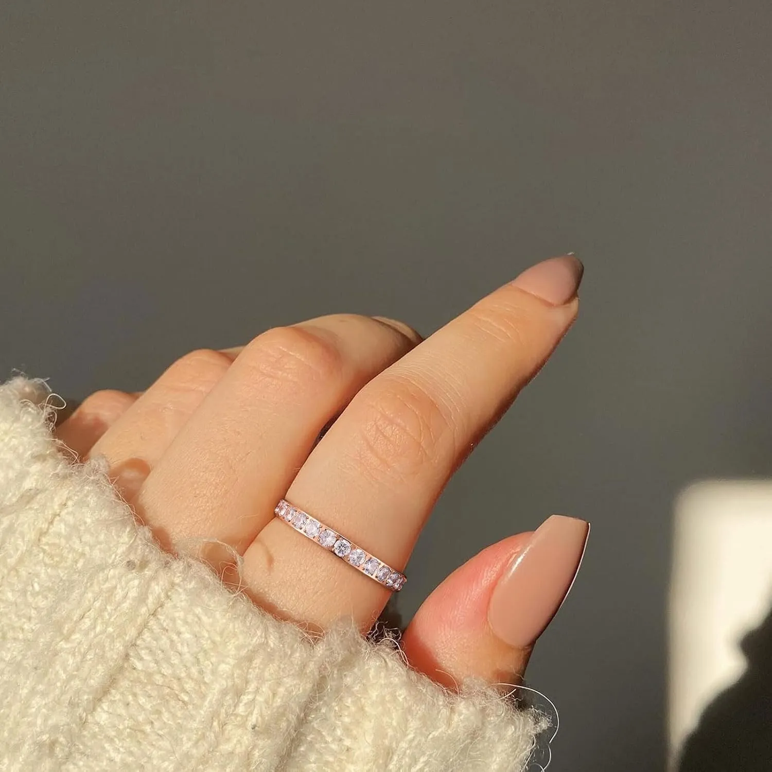 King Will CZ Simulate Diamond Stackable Rings for Women, Full Eternity Wedding Band, 3mm Titanium Silver/Gold/Rose Gold Plated Pink Cubic Zirconia Anniversary ring, Hypoallergenic & Comfort Fit