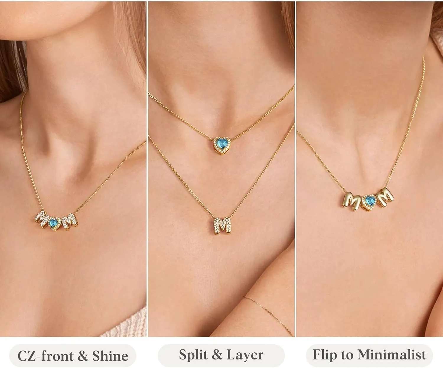 KissYan Mama Birthstone Necklace for Women, 14K Gold Plated Heart Mom Bubble Pendant Dainty Mother's Day Birthday Jewelry Gift for Mom Wife