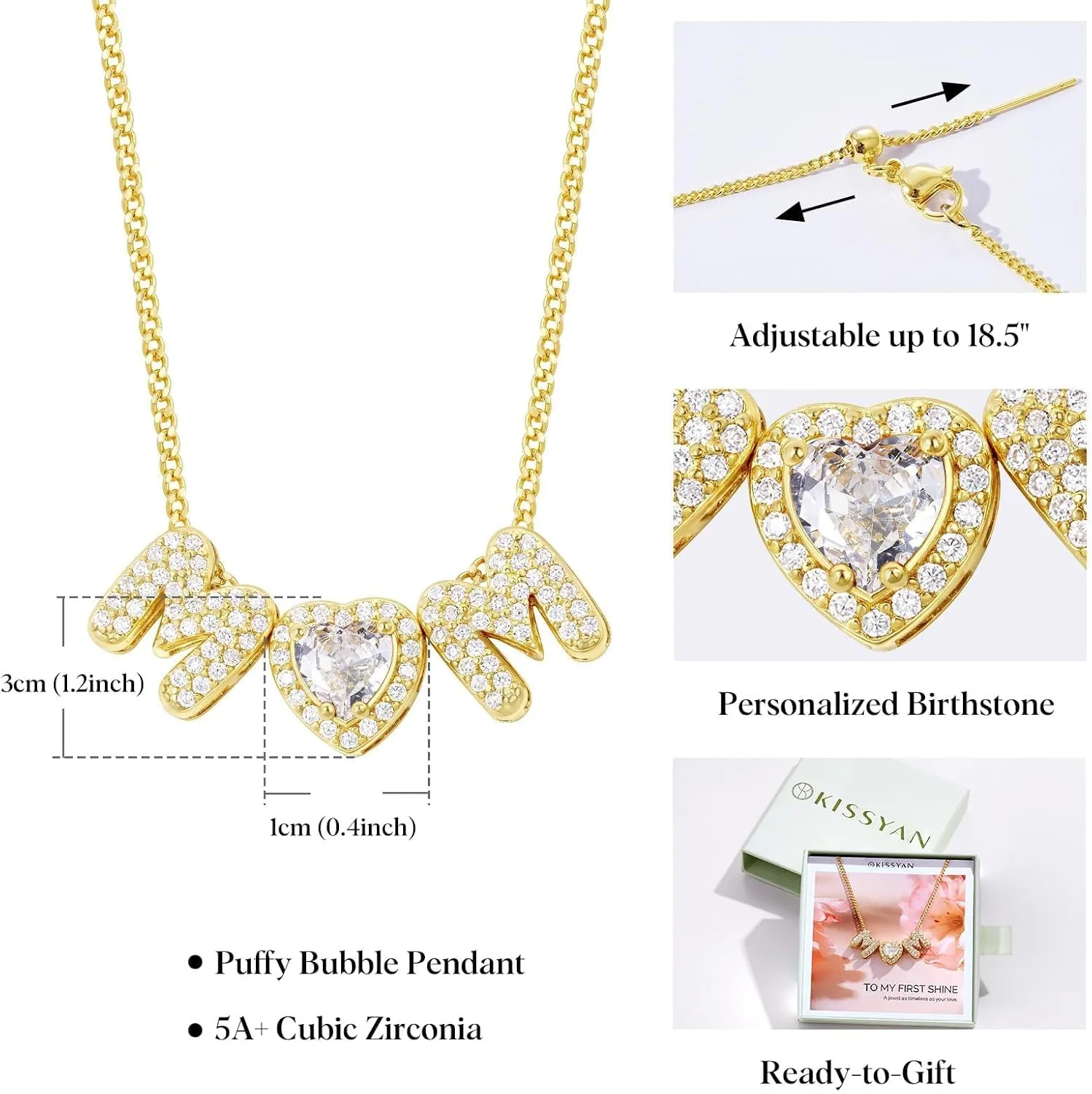KissYan Mama Birthstone Necklace for Women, 14K Gold Plated Heart Mom Bubble Pendant Dainty Mother's Day Birthday Jewelry Gift for Mom Wife