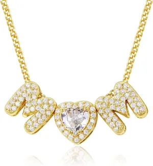 KissYan Mama Birthstone Necklace for Women, 14K Gold Plated Heart Mom Bubble Pendant Dainty Mother's Day Birthday Jewelry Gift for Mom Wife