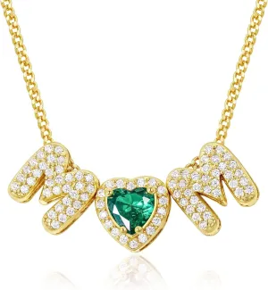 KissYan Mama Birthstone Necklace for Women, 14K Gold Plated Heart Mom Bubble Pendant Dainty Mother's Day Birthday Jewelry Gift for Mom Wife