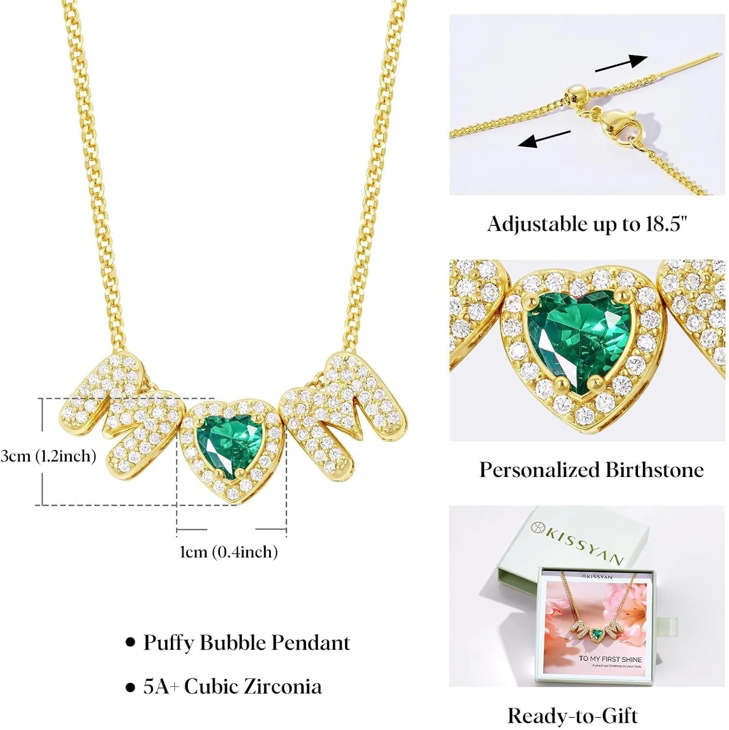 KissYan Mama Birthstone Necklace for Women, 14K Gold Plated Heart Mom Bubble Pendant Dainty Mother's Day Birthday Jewelry Gift for Mom Wife