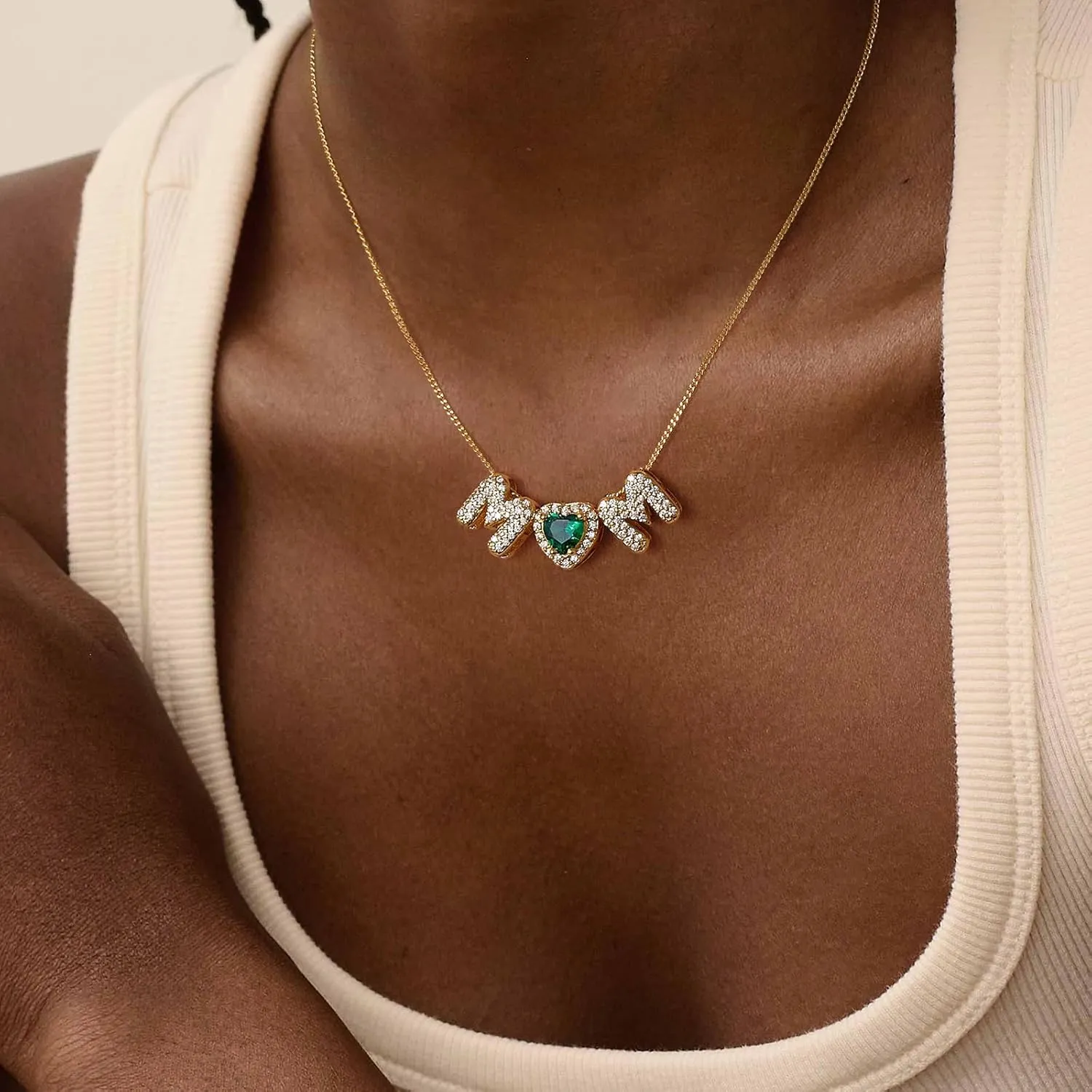 KissYan Mama Birthstone Necklace for Women, 14K Gold Plated Heart Mom Bubble Pendant Dainty Mother's Day Birthday Jewelry Gift for Mom Wife