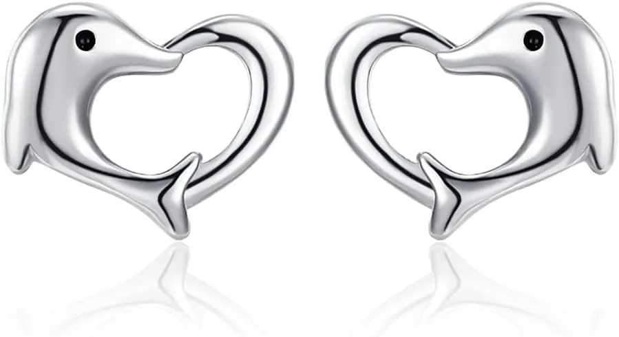 Kokoma Cute Dolphin Stud Earrings for Women Girls 925 Sterling Silver Love Heart Cartilage Earrings Tragus Piercing Studs Minimalist Ear Jewelry
