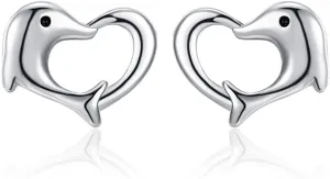 Kokoma Cute Dolphin Stud Earrings for Women Girls 925 Sterling Silver Love Heart Cartilage Earrings Tragus Piercing Studs Minimalist Ear Jewelry