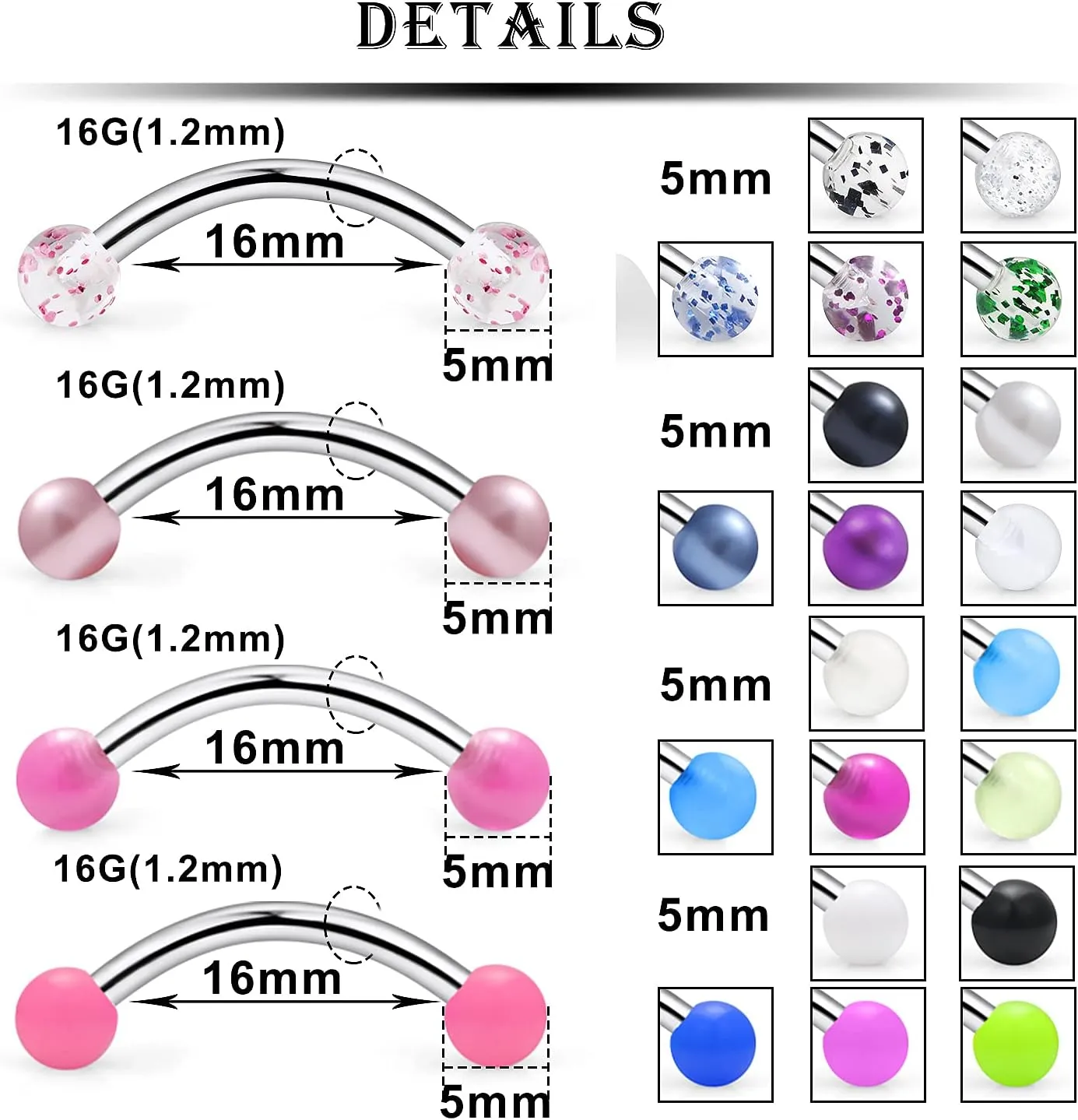 Kridzisw 16G Clear Plastic Curved Barbells Eyebrow Ring Snake Eyes Tongue Rings Acrylic Bioflex Cartilage Helix Tragus Earrings Nipple Belly Lip Ring Piercing Retainer Length 6mm 8mm 10mm 12mm 36pcs