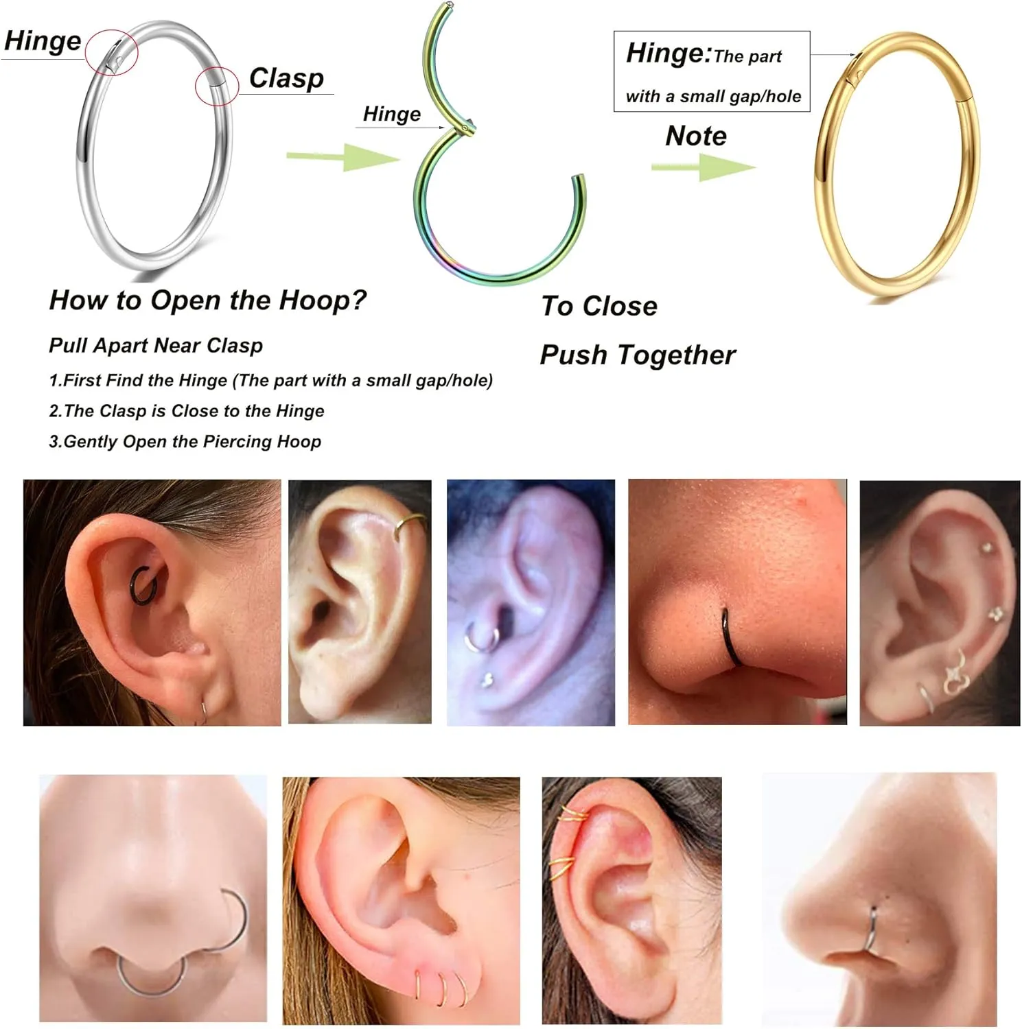 Lantine Rose Golden Hinged 20g 18g 16g Nose Rings Hoops 6mm 8mm 10mm 12mm 14mm 16mm Septum Ring Clicker Cartilage Helix Hoop Earrings Set