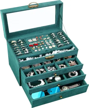 Large Jewelry Box for Women with Lock,4 Layer Glass Lid Jewelry Organizer with Drawers,Green Velvet Jewelry Storage Organizer Box for Bracelet Ring and Earring Jewelry Box with Sunglass Holder