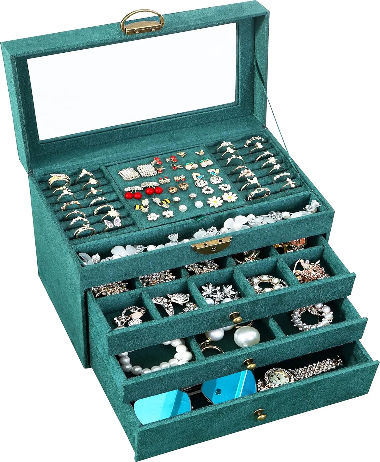 Large Jewelry Box for Women with Lock,4 Layer Glass Lid Jewelry Organizer with Drawers,Green Velvet Jewelry Storage Organizer Box for Bracelet Ring and Earring Jewelry Box with Sunglass Holder