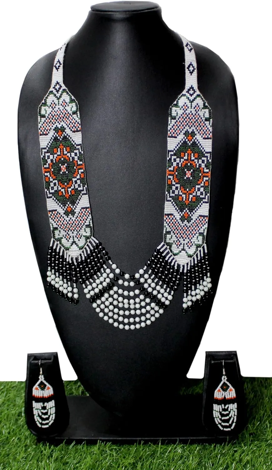 Layered Beaded Necklace  Boho Native Handmade Seed Bead Tassel Necklace, Bohemian Large Statement Beaded Necklace for Women