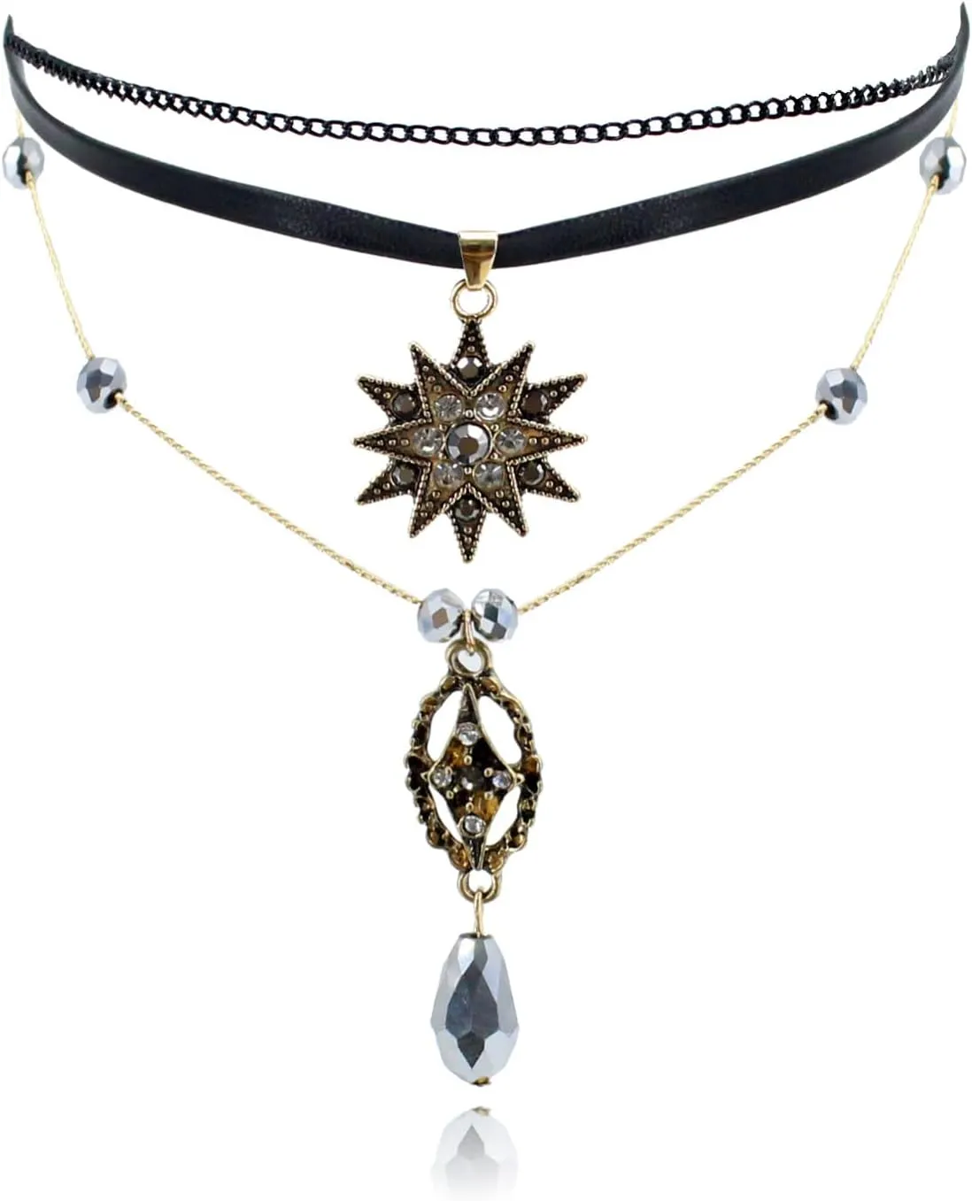 Layered Choker Necklace for Women, Crystal Pendant Necklace for Women with Black Ribbon and Gold Chain, Adjustable Double-Layer Necklace for Parties, Casual Wear, and Special Occasions