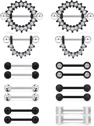 Lcolyoli 16G 14G Cat's Eye Stone Nipple Rings Surgical Steel Dangle Nipplerings Tongue Ring CZ Straight Barbell Piercing Body Jewelry for Women Men 8 Pairs