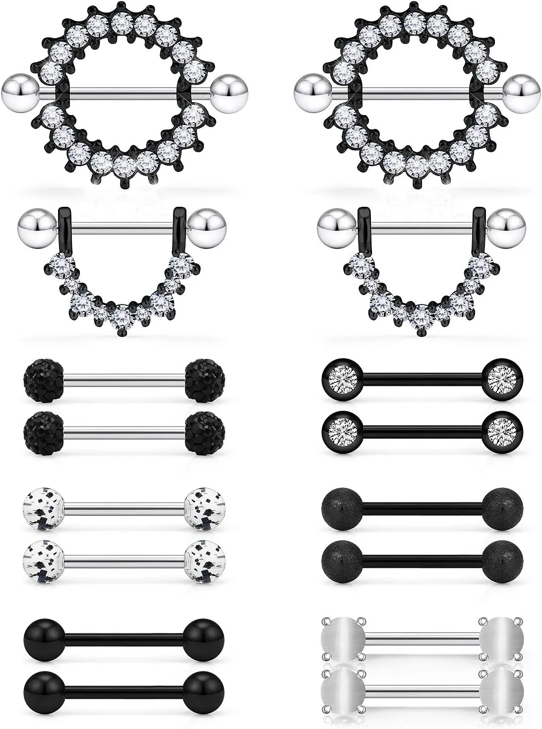 Lcolyoli 16G 14G Cat's Eye Stone Nipple Rings Surgical Steel Dangle Nipplerings Tongue Ring CZ Straight Barbell Piercing Body Jewelry for Women Men 8 Pairs